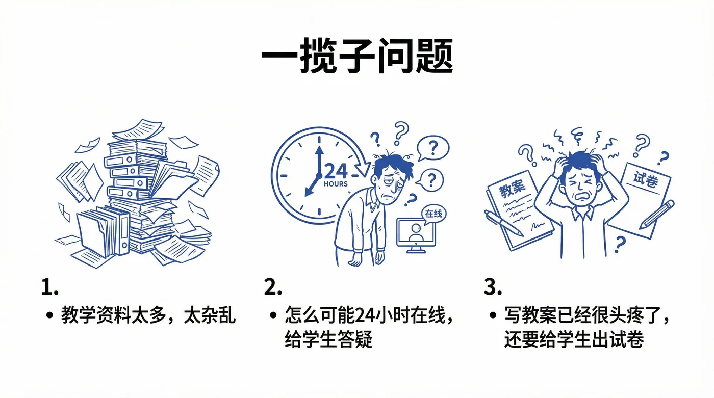 一揽子问题：资料杂乱、无法全天候答疑、备课出卷负担重