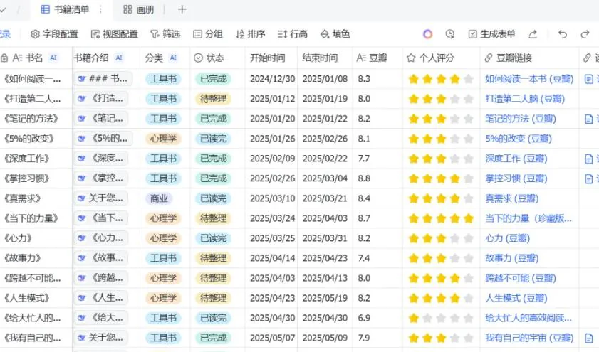 数据集中管理：书籍清单、状态与评分一览
