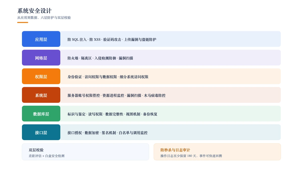 系统安全设计：从应用到数据六层防护与双层校验